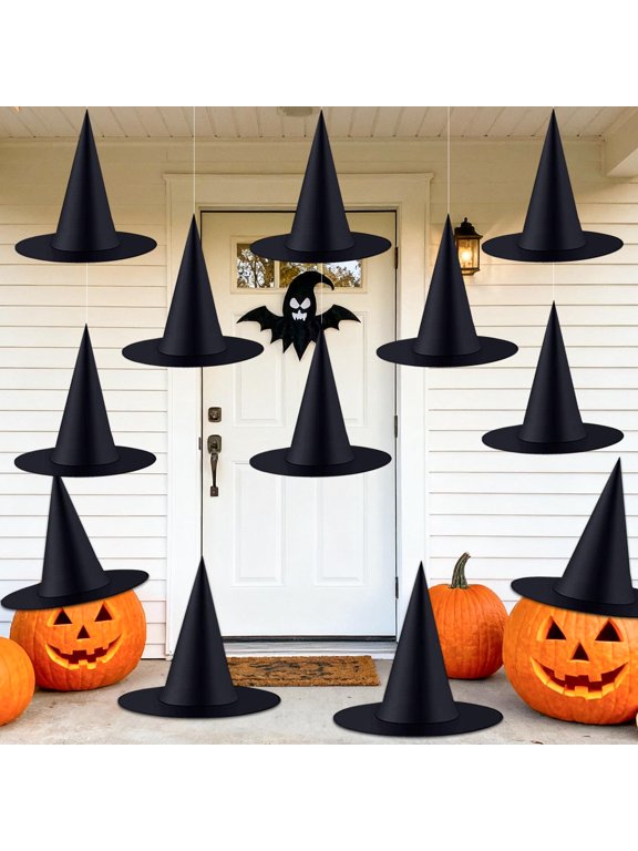12Pcs 15Inch Halloween Black Witch Hats Caps with 98 Feet Rope,Adults and Kids Hanging Party Decoration
