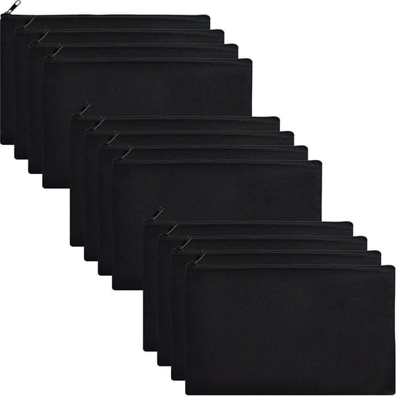 ZeeDix 12Pcs Black Blank Canvas Pencil Bag DIY Craft Zipper Bag Multipurpose Cosmetic Bag Travel Storage Bag