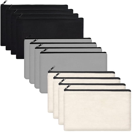 ZeeDix 12pcs Blank Canvas Pouch DIY Pencil Bag Multipurpose Cosmetic Travel Storage Bag(Black+Grey+Beige)