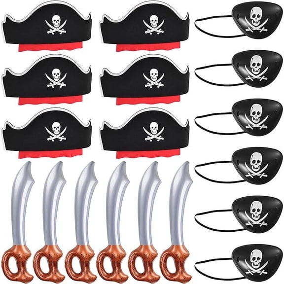 ZeeDix 18 Pcs Pirate Hat Set Pirate Party Favors 6 Pcs Pirate Hats 6 Pcs Pirate Eye Patches 6 Pcs Pirate Swords for Adults, Pirate Birthday Party Supplies for Halloween Masquerade Photo Props