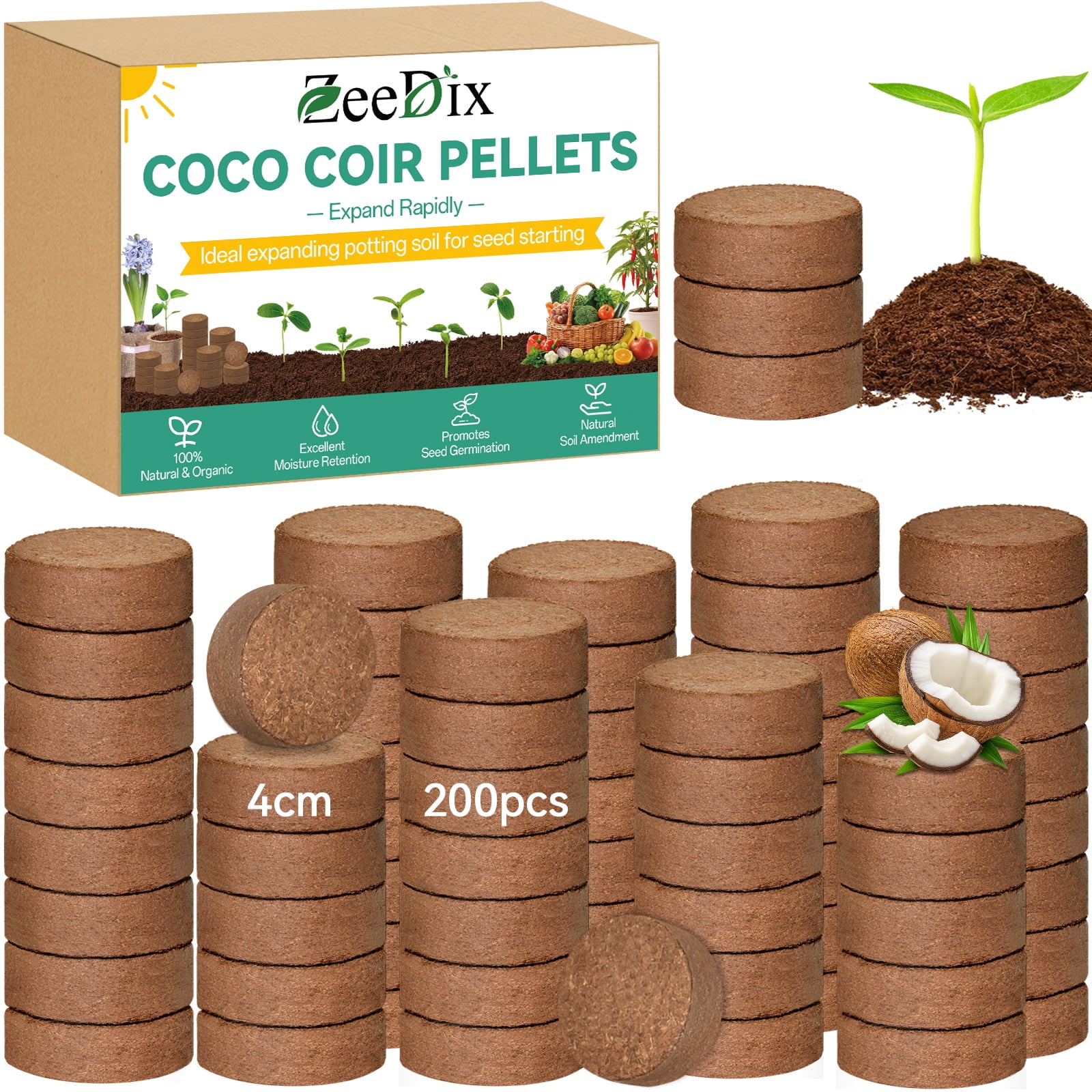 ZeeDix 200 Pcs 40mm Compressed Coco Coir Fiber Potting Soil- Organic Coco Coir Pellet Fiber Soil for Planting Bonsai, Herbs, Plants, Flowers and Vegetables