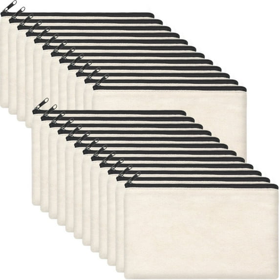 ZeeDix 24pcs Beige Canvas Pencil Case Diy Craft Zipper Pouch Makeup Storage Bag