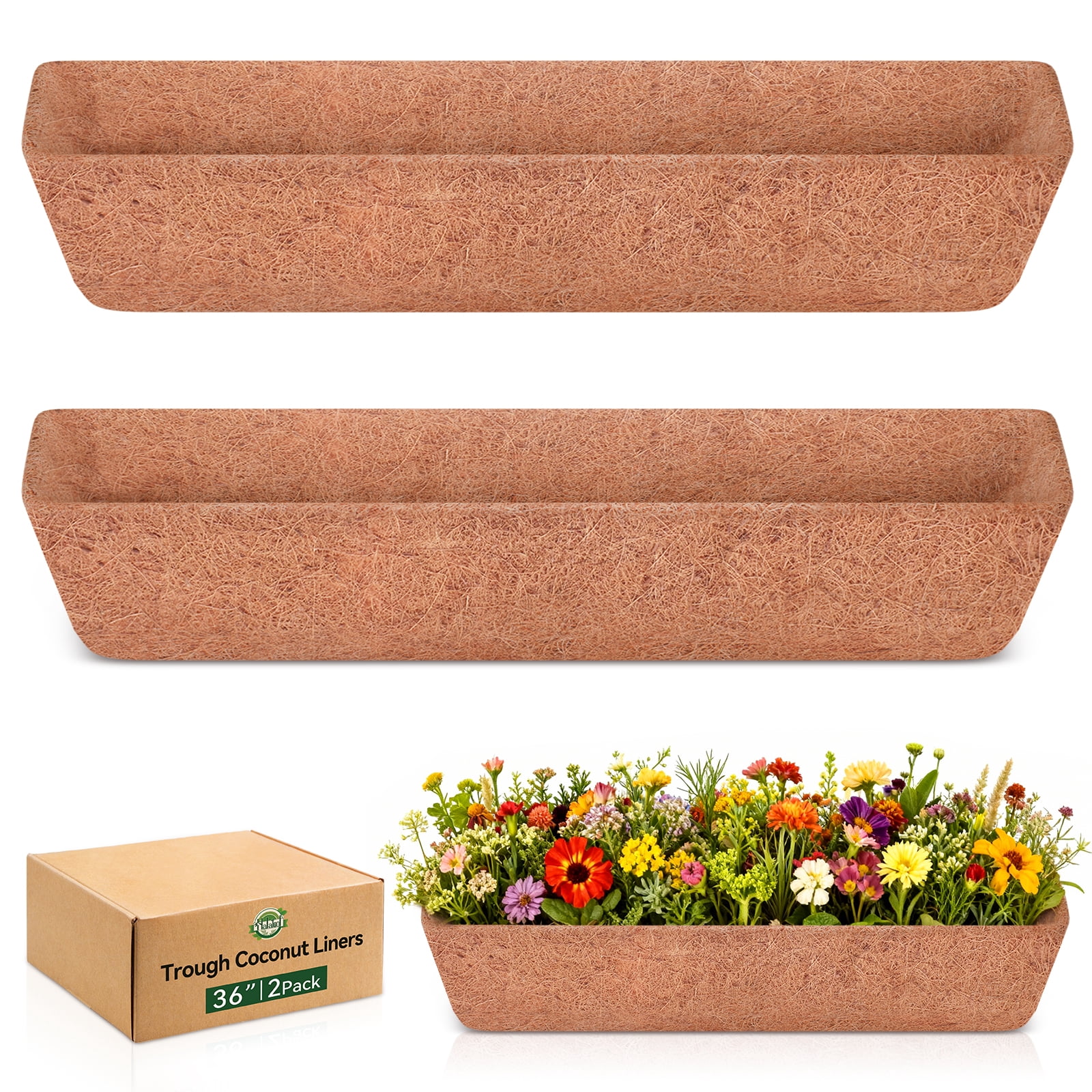ZeeDix 2PCS 36 Inch Window Box Liners Pre-Formed Coconut Fiber Planter Liner 100% Natural Coco Fiber Liners for Planters Hanging Basket Balcony Railing and Porch