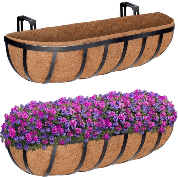 ZeeDix 2Packs 24" Window Box Railing Planter with Coco Liner, Metal Hanging Flower Planter Deck Railing Planter Boxes with Coir Liner for Outdoor, Fence, Porch