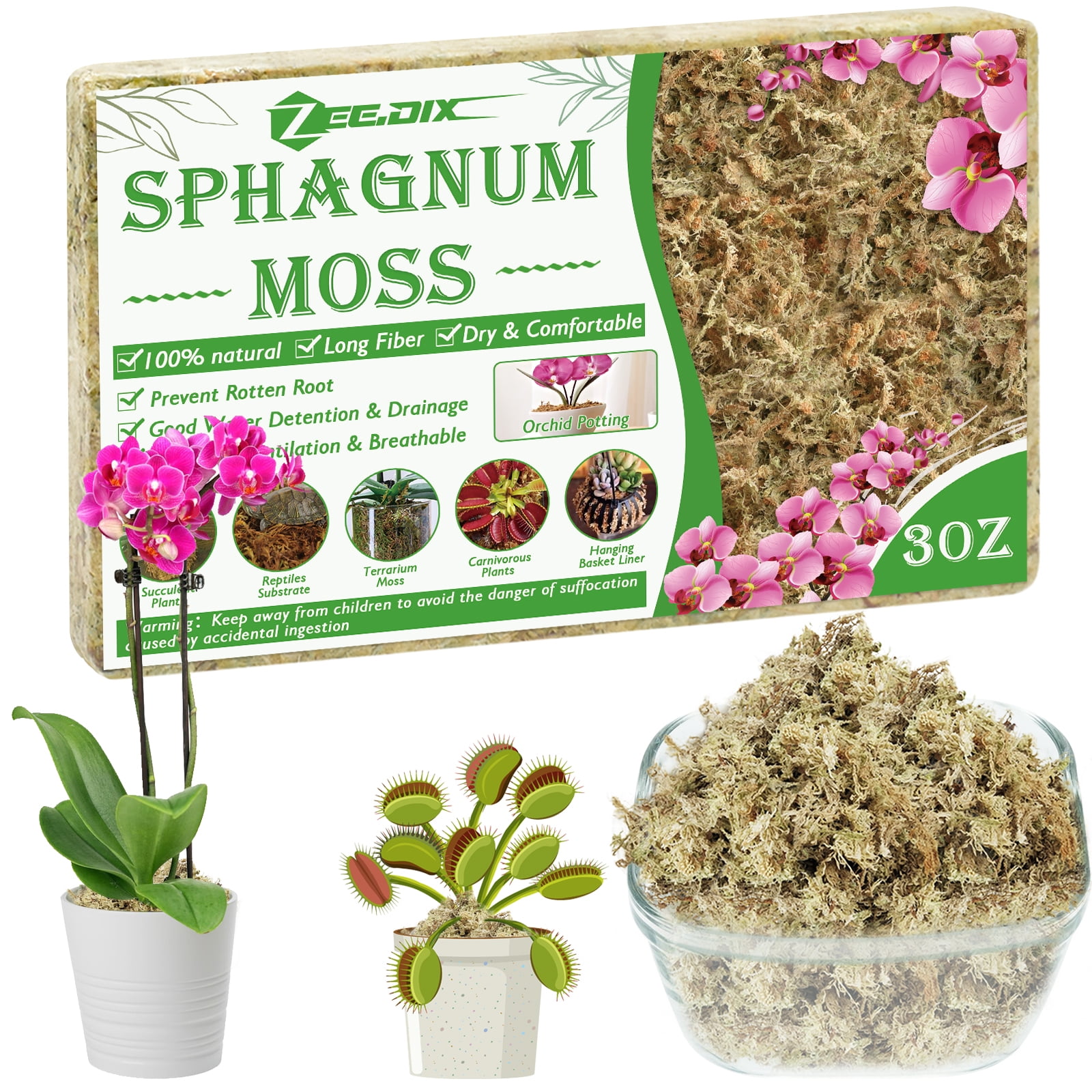 ZeeDix 3OZ Premium Sphagnum Moss for Plants, 4QT Natural Long Fibered