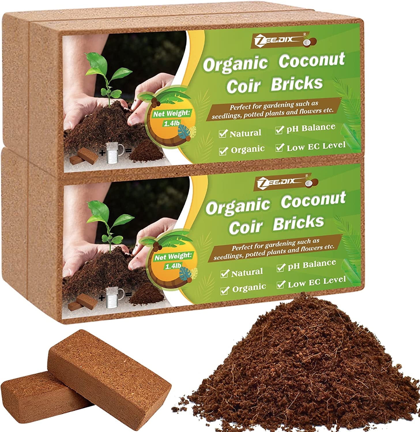 ZeeDix 4 Pcs Organic Coco Coir Brick: Coconut Coir Bricks, Sustainable & pH-Balanced for Gardening