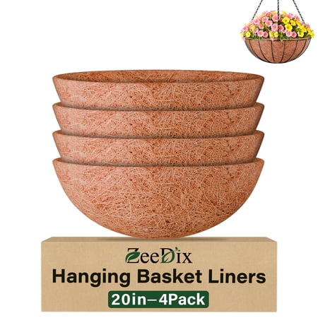 ZeeDix 4PCS 20Inch Coconut Liners Coco Coir Hanging Basket Liners 100% Natural Coco Fiber Liners Round Coco Liners for Planters Flowers Vegetables