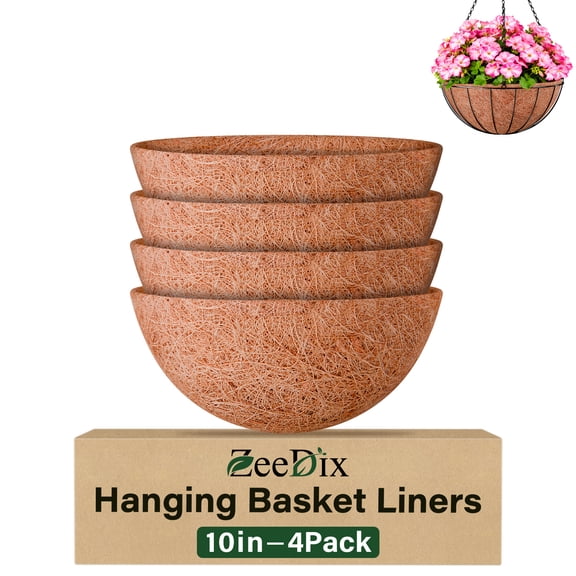 ZeeDix 4Pcs 10Inch Coconut Liners Coco Coir Hanging Basket Liners 100% Natural Coco Fiber Liners Round Coco Liners for Planters Flowers Vegetables