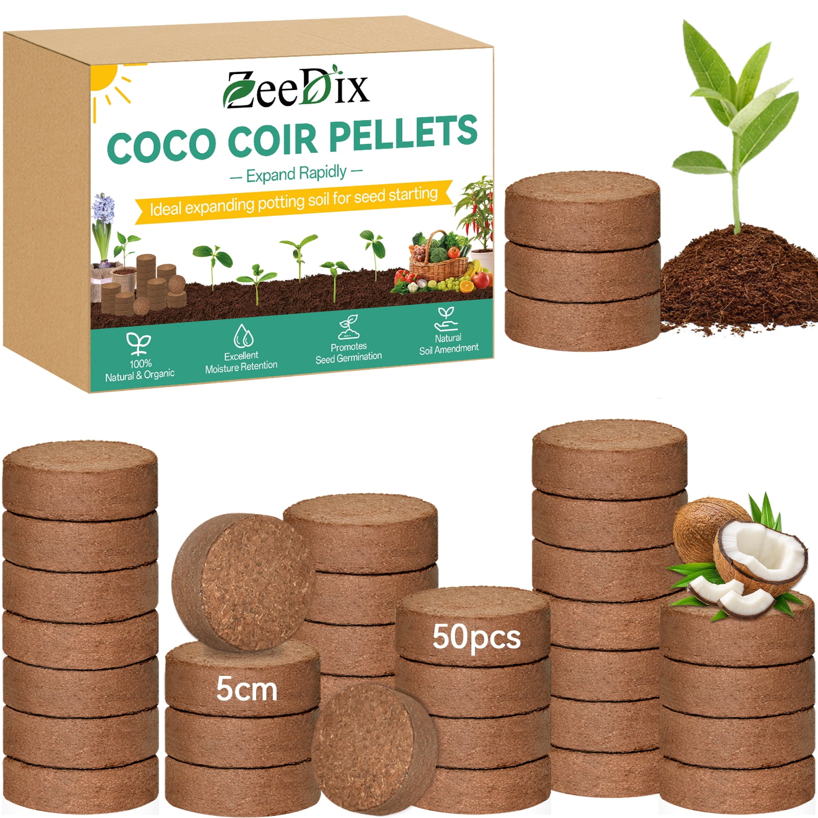 ZeeDix 50 Pcs  50mm Compressed Coco Coir Fiber Potting Soil- Organic Coco Coir Pellet Fiber Soil for Planting Bonsai, Herbs, Plants, Flowers and Vegetables