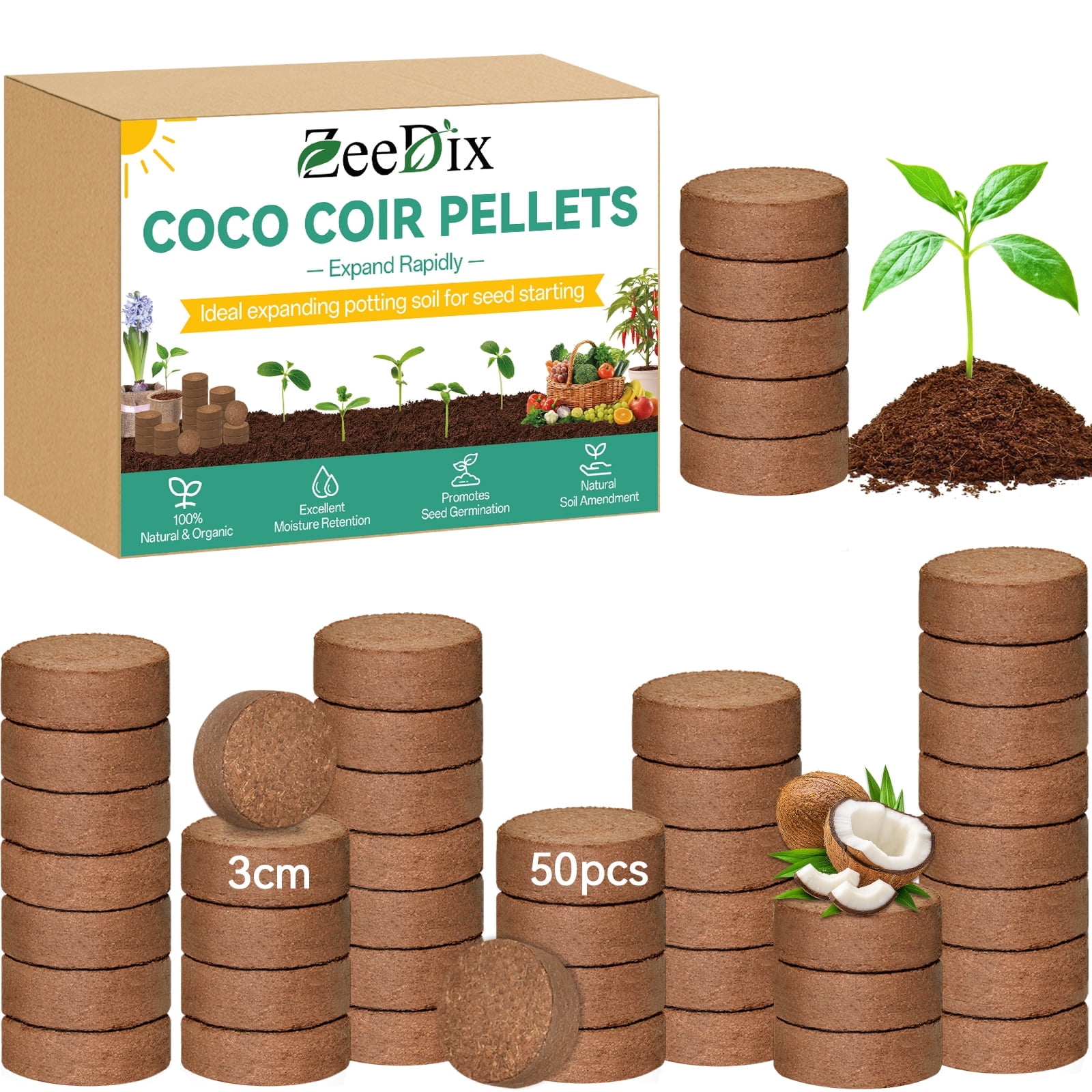 ZeeDix, Compressed Coco Coir Soil, 50ct, Organic for Plants - Walmart.com