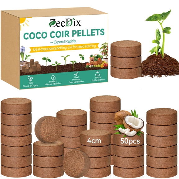 ZeeDix 50Pcs 40mm Compressed Coco Coir Fiber Potting Soil- Organic Coco Coir Pellet Fiber Soil for Planting Bonsai, Herbs, Plants, Flowers and Vegetables