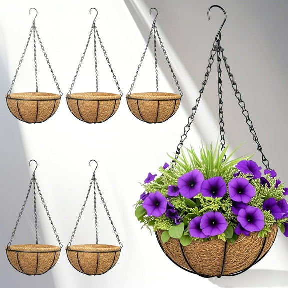 ZeeDix 6 Pack 12inch Metal Hanging Planter Basket with 10inch Coconut Coir Liner- Coconut Coir Liner with Black Chain for Porch Pots Hanger, Indoor Outdoor Plant Flower Pot, Garden Decorations