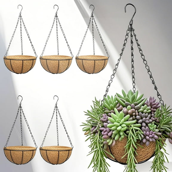 ZeeDix 6 Pack 14inch Metal Hanging Planter Basket with 10inch Coconut Coir Liner- Coconut Coir Liner with Black Chain for Porch Pots Hanger, Indoor Outdoor Plant Flower Pot, Garden Decorations
