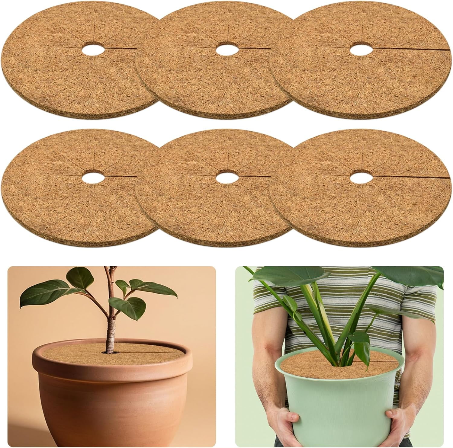 ZeeDix 6 Pcs Coconut Fibers Mulch Ring Tree Protector Mat, 17.8 Inch Coco Coir Tree Protection, Tree Ring Mats Tree Disc Plant Cover for Indoor or Outdoor