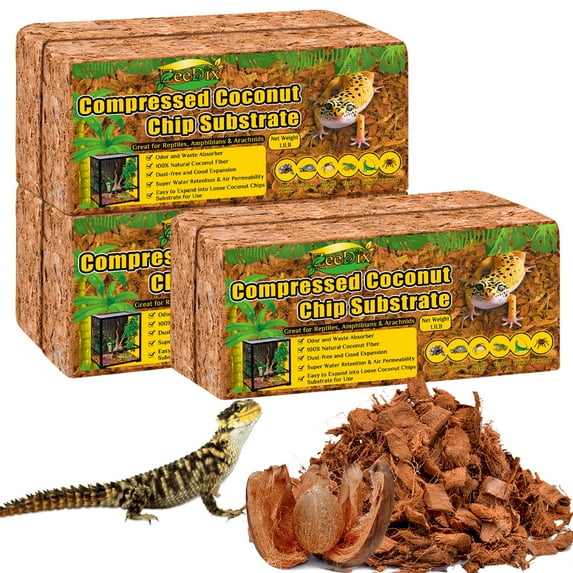 ZeeDix 6Pack Compressed Coconut Chips Brick Natural Coconut Husk for Reptiles Bedding Brown Coco Coir Chips Terrarium Substrate for Ball Python Frog Snake Gecko Hermit Crab Tortoise