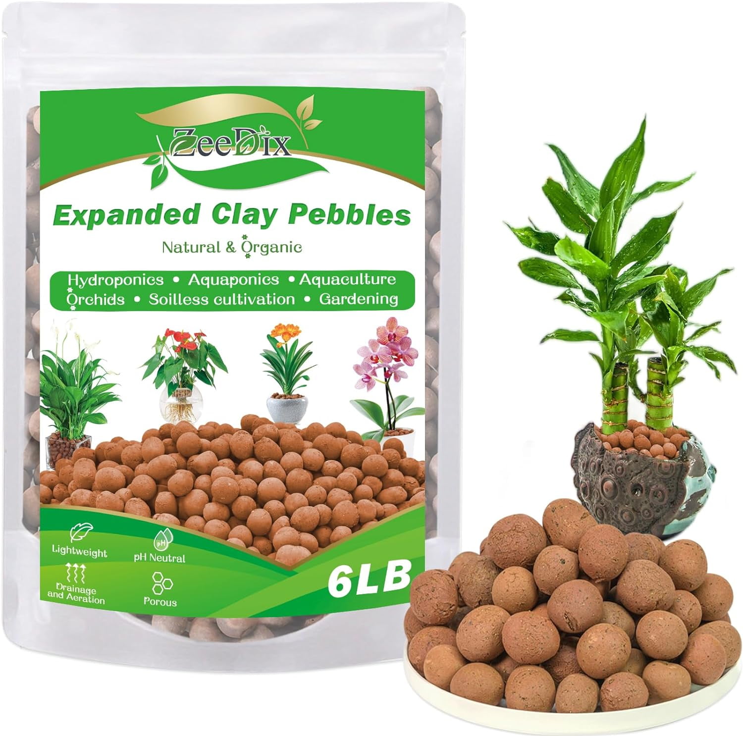 ZeeDix 6lb LECA Clay Pebbles Decorative Organic Seedling Plants Grow Media  Reusable Hydroponic Supplies
