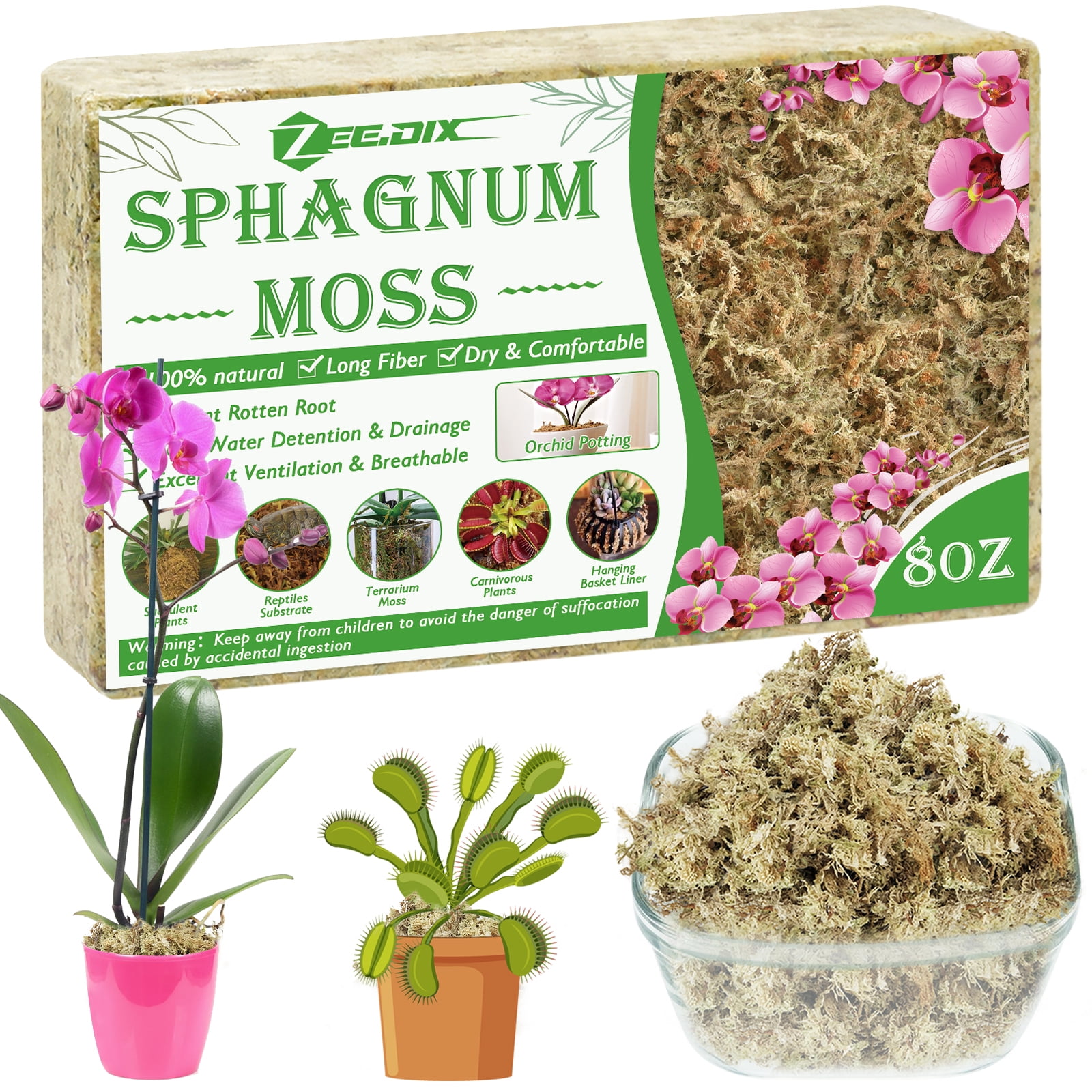 ZeeDix 3oz Premium Sphagnum Moss for Plants, 4Qt Natural Long Fibered Orchid Moss Sphagnum Peat Moss Bulk for Carnivorous,Orchid,Sarracenia,Succulent
