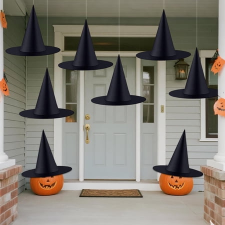 ZeeDix 8Pcs 15Inch Halloween Black Witch Hats Caps with 98 Feet Rope,Adults and Kids Hanging Party Decoration