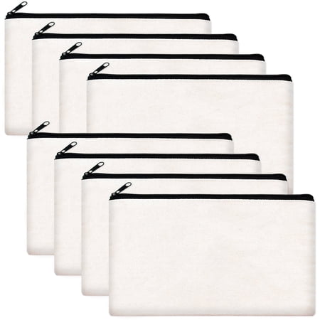 ZeeDix 8Pcs White Canvas Pencil Bag Craft Zipper Bag Multipurpose Cosmetic Storage Bag