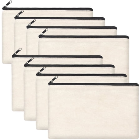 ZeeDix 8pcs Beige Canvas Pencil Case Diy Craft Zipper Pouch Makeup Storage Bag