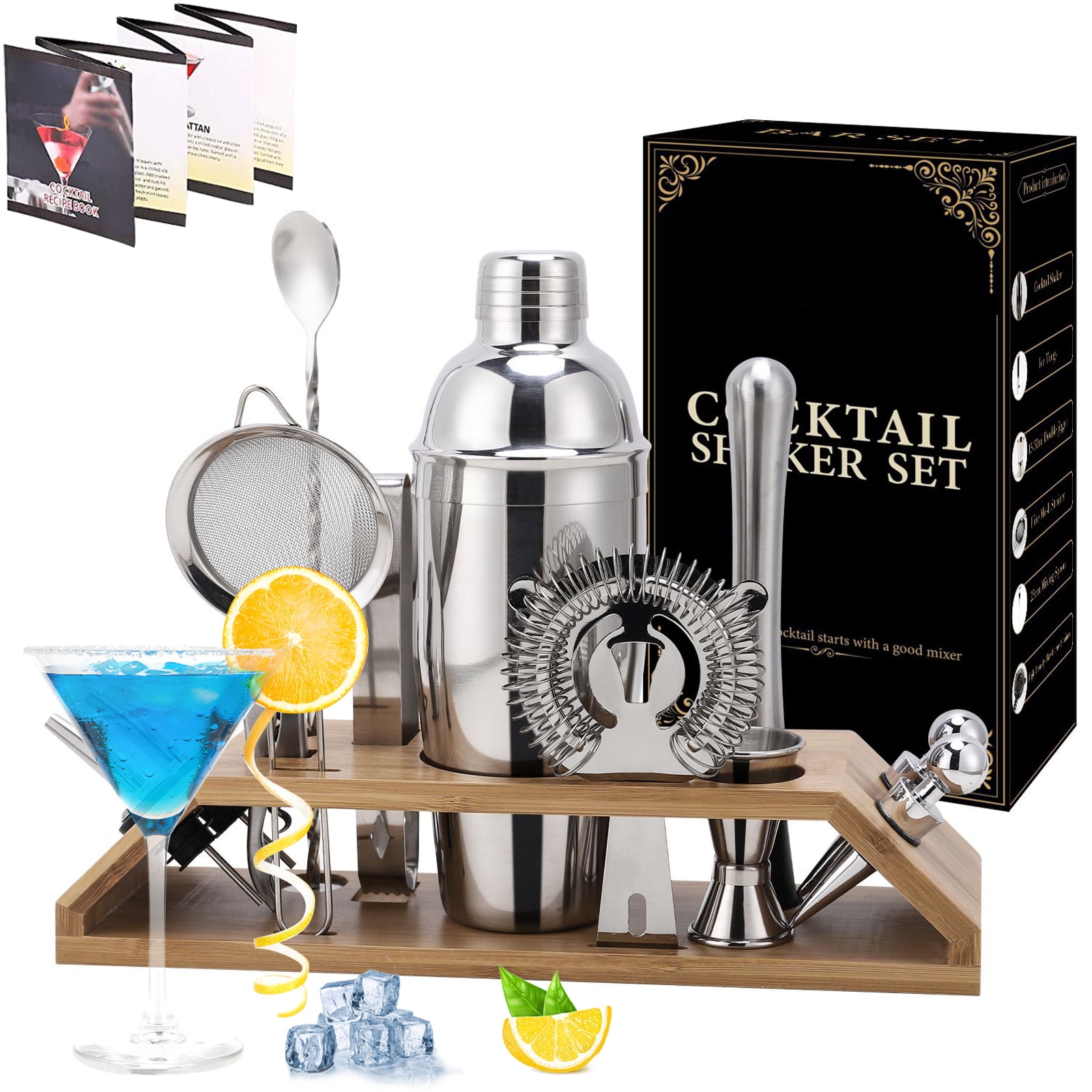 Duerer Bartender Kit with Stand, 11-Piece Cocktail Kit with Stylish Bamboo  Stand, Perfect Home Bar Tool Set and Professional Martini Bartender Set