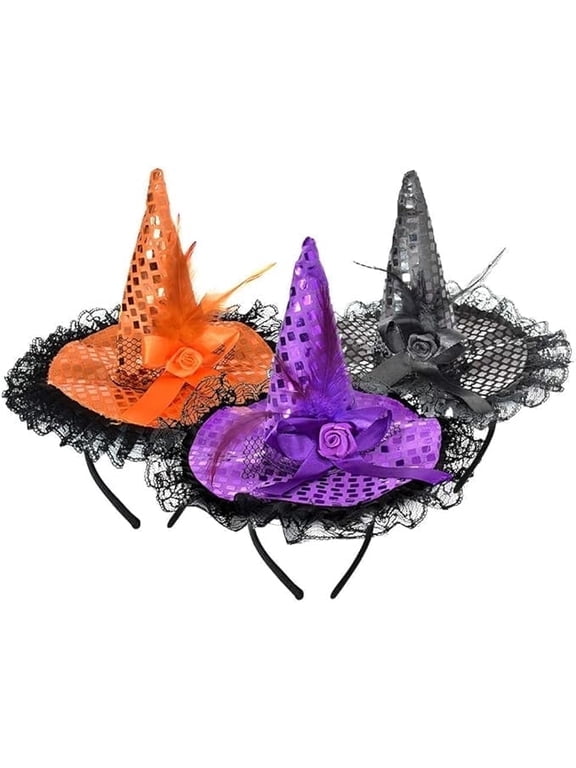 3pcs Halloween Witch Feather Hat Headband,cute Witch Headpiece for Halloween Costume Dress up Masquerade Supplies