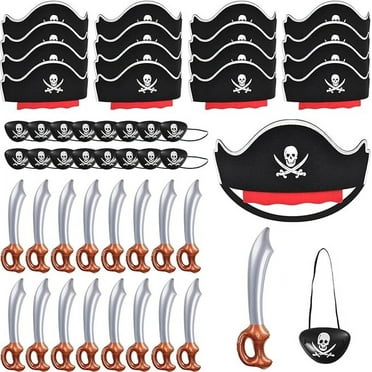 ZeeDix 48 Pcs Pirate Hats Set- 16 Black Pirate Hat, 16 Inflatable Pirate Sword, 16 Pirate Eye Patches, Party Favors Supplies for Halloween Masquerade Photo Props