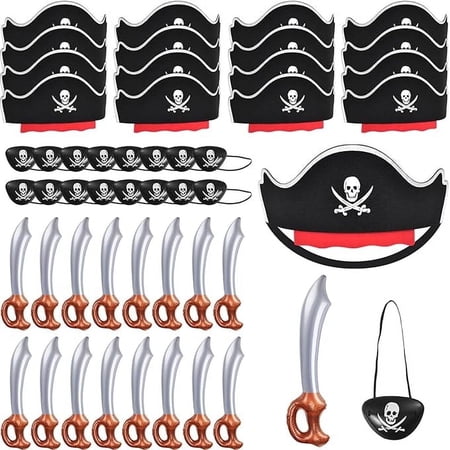 ZeeDix 48 Pcs Pirate Hats Set- 16 Black Pirate Hat, 16 Inflatable Pirate Sword, 16 Pirate Eye Patches, Party Favors Supplies for Halloween Masquerade Photo Props