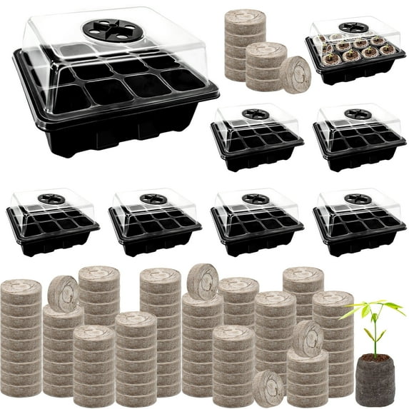 ZeeDix Seed Starter Kit 8 Pack 96 Cells Black Seed Starter Tray with 100 Pcs Peat Pellets for Seedlings Organic Seed Stater Soil Pods for Planting Vegetables Plants Flowers & Starting Seeds