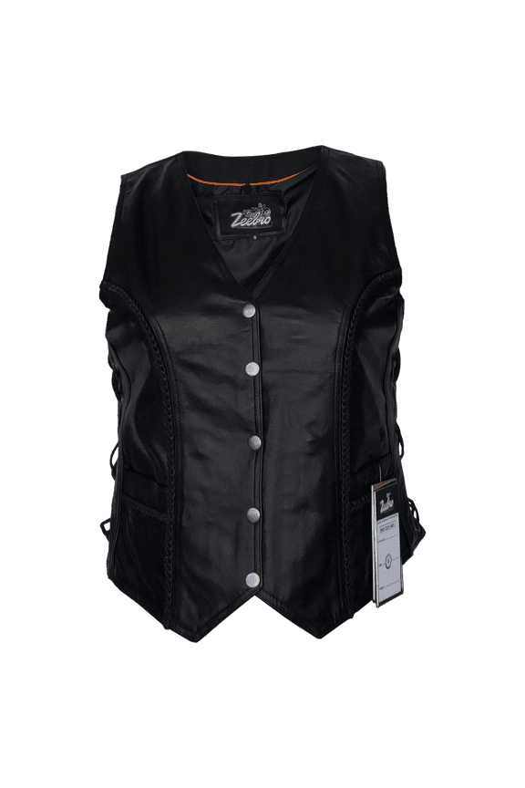 Women's MC–321 Black Leather Braided Vest with Adjustable Lacing Size L