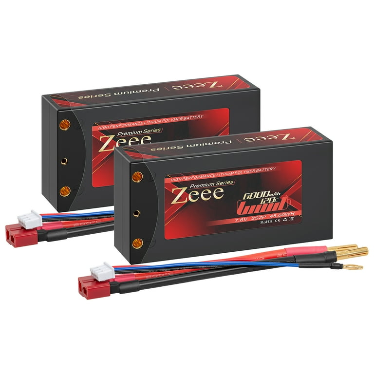 Zeee 2S Lipo Battery 7.6V 6000mAh 120C Shorty Hard Case with 4mm Bullet to  Deans Connector for RC Car Trucks Boats(2 Pack)