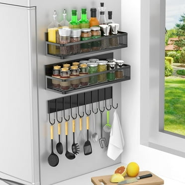 ZeenArt 3 Pack Magnetic Spice Rack, Refrigerator Spice Rack Organizer with Metal 10-Hooks, Black