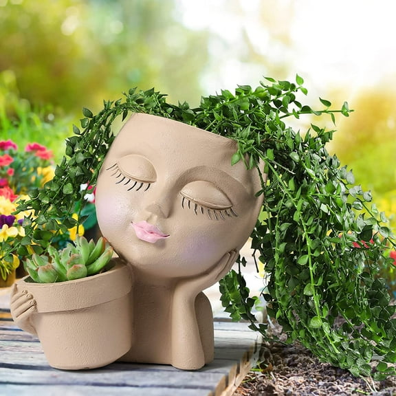 ZeenArt Face Resin Planter, Double Flower Pots in One for Indoor Outdoor, with Drainage Hole