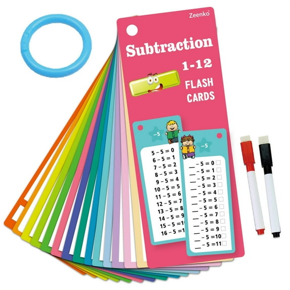 Zeerko 15Pcs Subtraction Flash Cards 1-12, Erasable Reusable Math Flashcards With 2 Dry Erase Markers & Ring, 3Rd-5Th Grade Math Learning Game For Classroom & Home, Educational