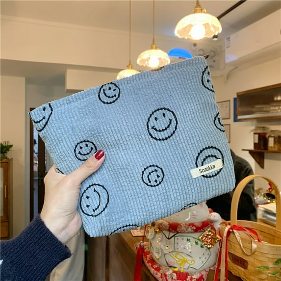 Zeeyh Women Corduroy Cosmetic Bag Smiley Polka Dot Aesthetic Handbags Makeup Organizer Girls Makeup Bag,Light Blue Smiley