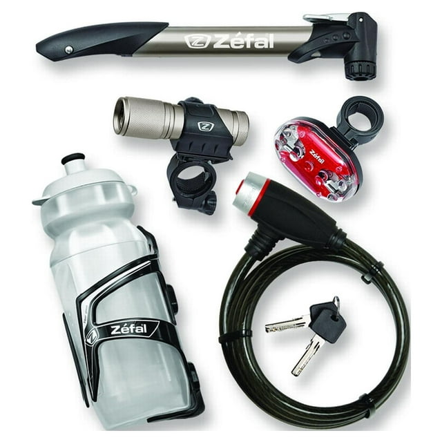 Zefal 6-Piece Bike Accessories Starter Pack 2.0 (Mini Hand Pump, Lock, Light Set, Bottle, Cage)