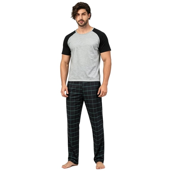 Zefortex Men's Raglan Short Sleeve Top & Long Pants Pajama Set, Grey Black Color Block Top with Dark Grid Plaid Print Soft Casual Loungewear Sleep Set