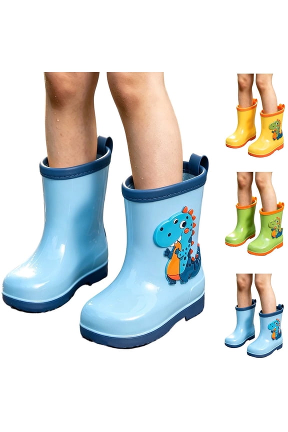 Boys Girls Dinosaur Print Rain Boots Waterproof Nonslip Short Shaft PVC Kids Rain Footwear with Reinforced Cuff Edge Blue Size 8.5 Toddler