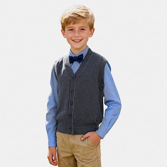 Zefriona Kids Unisex V-Neck Knit Vest (2 - 15) Casual Versatile Waistcoat Dark Gray 11