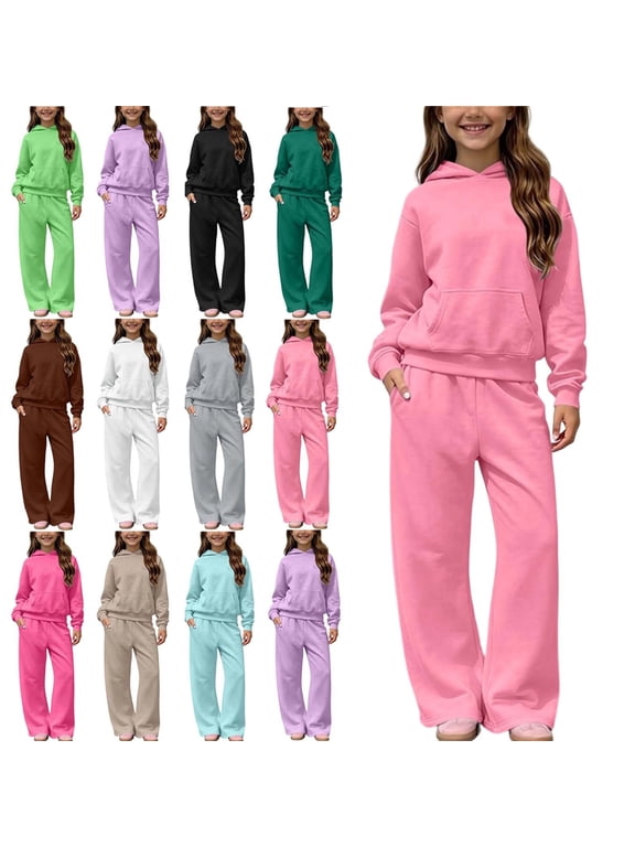Kids Winter Fleece Lined Warm Hooded Sweatshirt and Wide Leg Pants 2-Piece Set 5-14Y Hot Pink Size 13