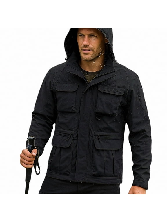 Men's Water-Resistant Hooded Softshell Jacket with Zip Pockets for Hiking Black L