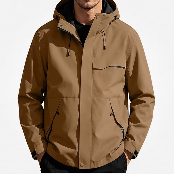 Zefriona Men's Water-Resistant Hooded Softshell Jacket with Zip Pockets for Hiking Coffee S