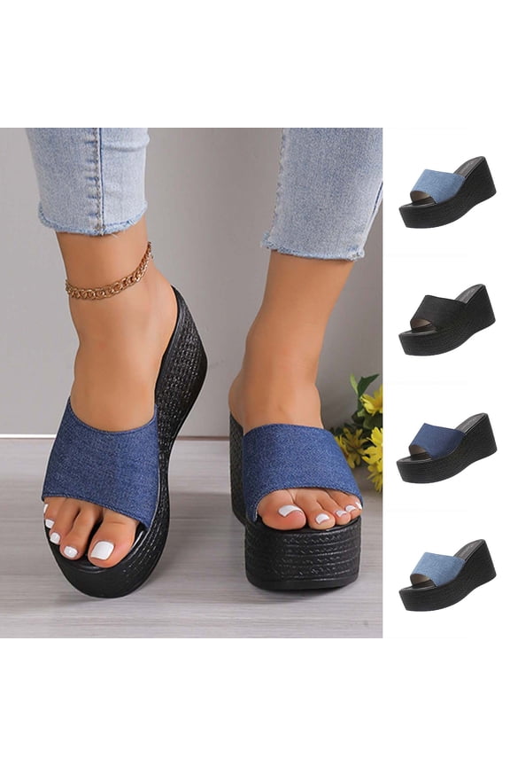 Women's Casual Wedge Sandals Slip On Denim Style Comfortable Summer Beach Slides Black Size 6