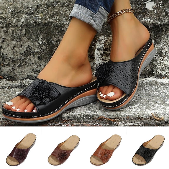 Zefriona Women's Summer Wedge Sandals Slip On Floral Perforated Open Toe Casual Beach Shoes Black Size 8