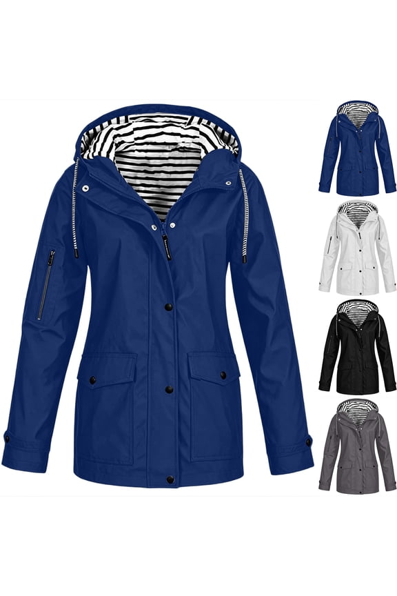 Women's Windbreaker Jacket Full Zip Long Sleeve Hooded Coat with Pockets Solid Color Waterproof Rain Jacket for Hiking Black Size S