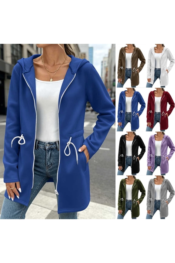 Women's Zip Up Jacket Long Sleeve Hoodie Sweatshirt Jacket Stretch Soft Hooded Jacket Blue Size L