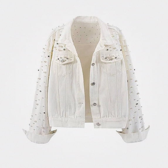 Zefriona Womens Cropped Denim Jacket Rhinestone Embellished Long Sleeve Casual Jean Coat White Size M
