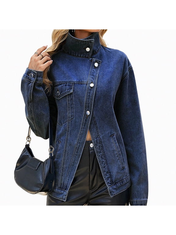 Womens Denim Jacket Asymmetric Hem Drop Shoulder Button Pocket Long Sleeve Jean Coat Dark Blue Size L