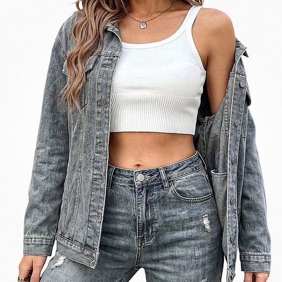 Zefriona Womens Denim Jacket Double Button Pocket Long Sleeve Loose Fit Casual Jean Coat Blue Size S
