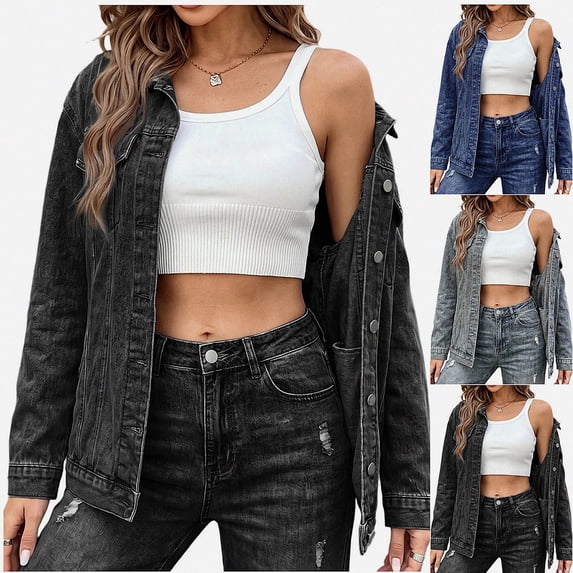 Zefriona Womens Denim Jacket Double Button Pocket Long Sleeve Loose Fit Casual Jean Coat Gray Size M
